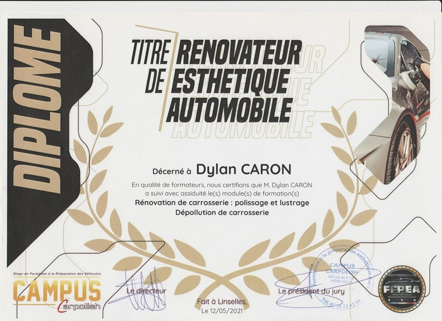 Diplôme de rénovateur esthétique automobile obtenu chez Carpolish - rénovation carrosserie et detailing automobile par Dylan Caron